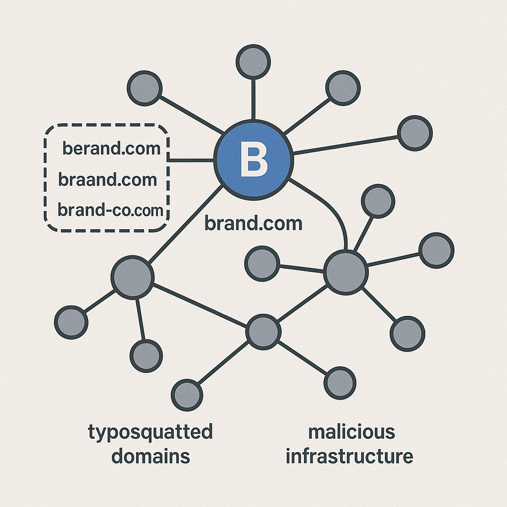 An abstract network graph showing connections between a brand's domain, typosquatted domains, and malicious infrastructure.