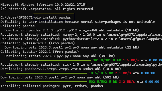 A screenshot of a terminal window showing the successful installation of the pandas library using pip.